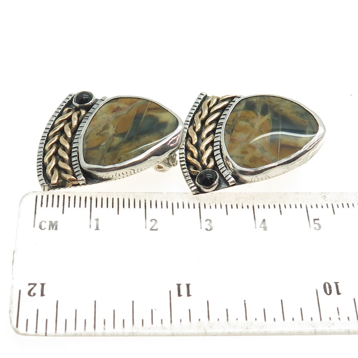 925 Sterling Silver 2-Tone Vintage Real Agate & Onyx Modernist Clip On Earrings