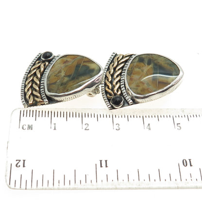 925 Sterling Silver 2-Tone Vintage Real Agate & Onyx Modernist Clip On Earrings