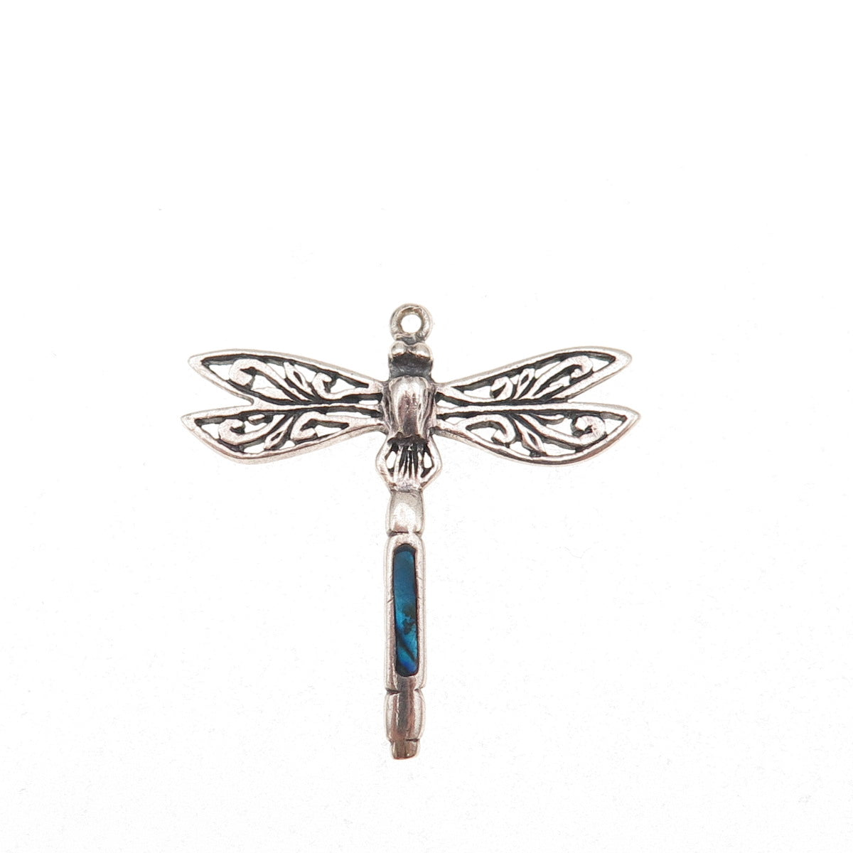 925 Sterling Silver Vintage Real Abalone Shell Dragonfly Oxidized Charm Pendant