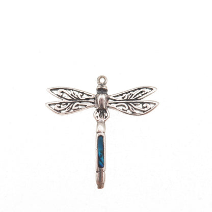 925 Sterling Silver Vintage Real Abalone Shell Dragonfly Oxidized Charm Pendant