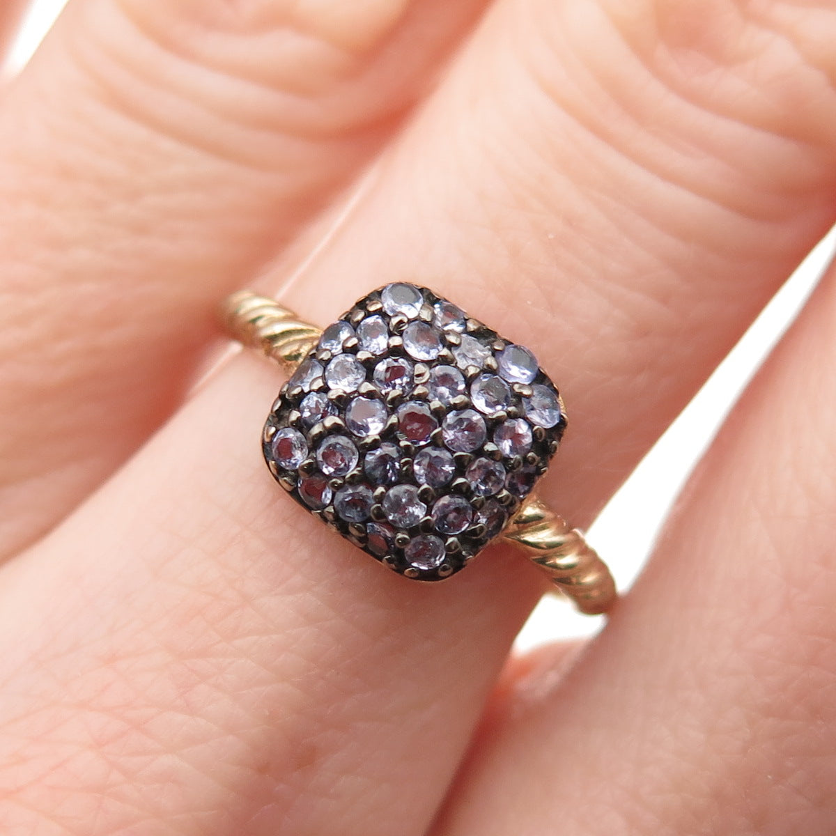 925 Sterling Silver Gold Plated Real Round-Cut Tanzanite Ring Size 6.75