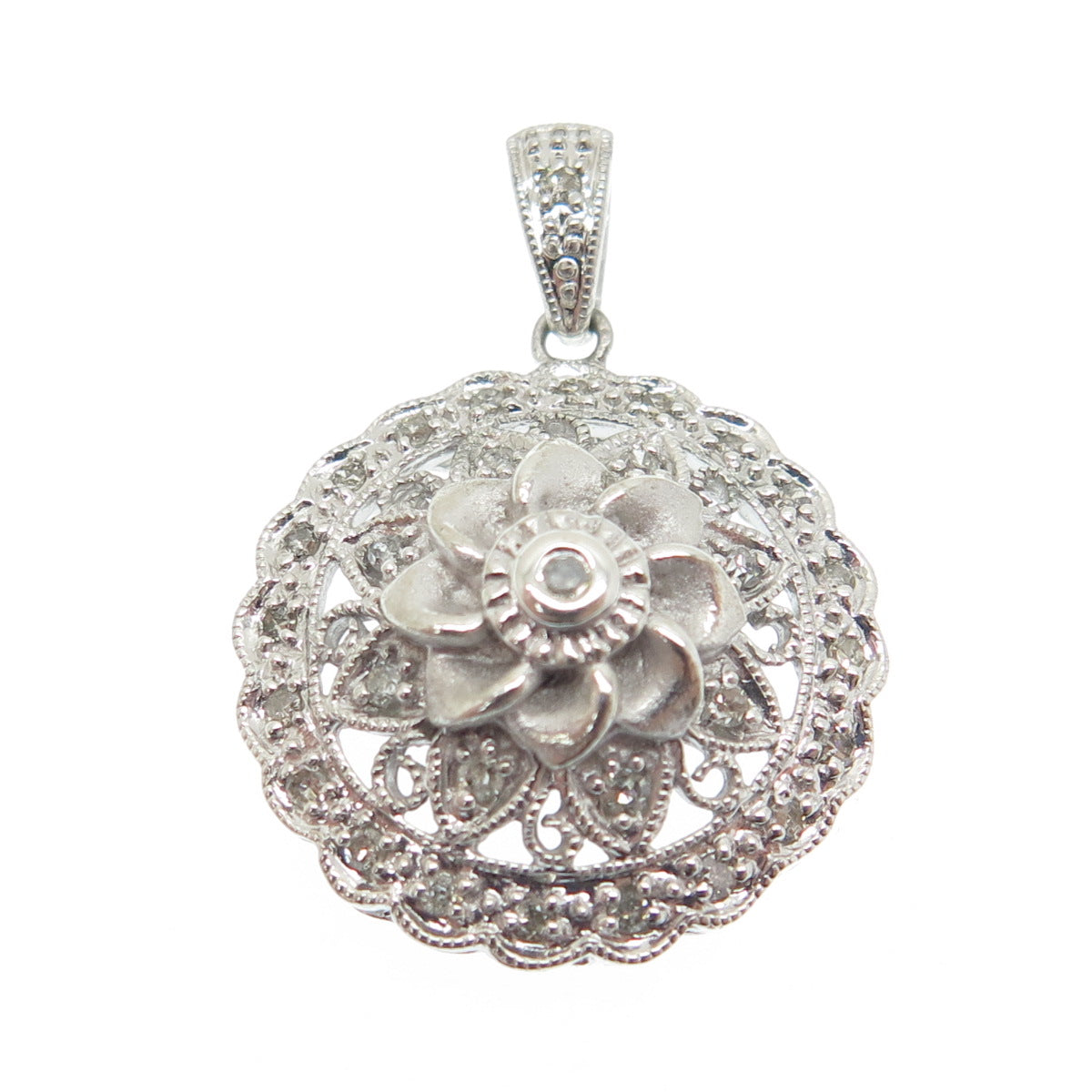 925 Sterling Silver Real Round-Cut Diamond Flower Blossom Pendant