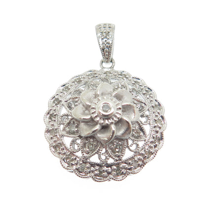 925 Sterling Silver Real Round-Cut Diamond Flower Blossom Pendant