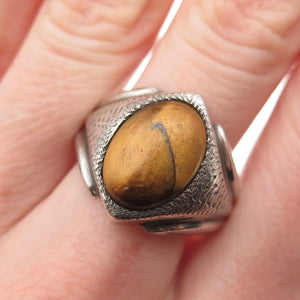925 Sterling Silver Vintage Real Tiger Eye Modernist Oxidized Ring Size 8.5