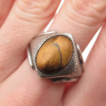 925 Sterling Silver Vintage Real Tiger Eye Modernist Oxidized Ring Size 8.5