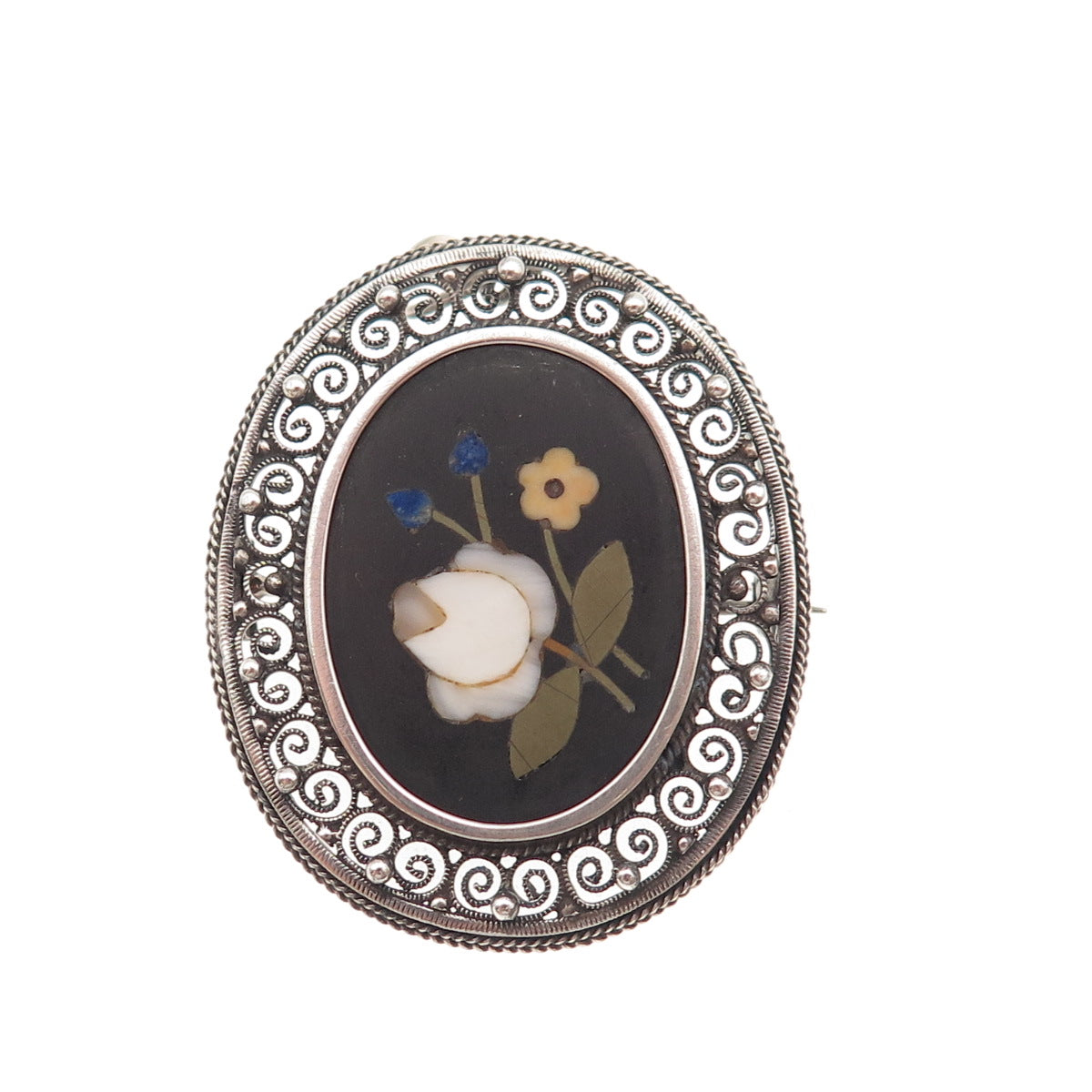 800 Silver Antique Art Deco Real Multi-Color Gem & MOP Floral Pin Brooch Pendant
