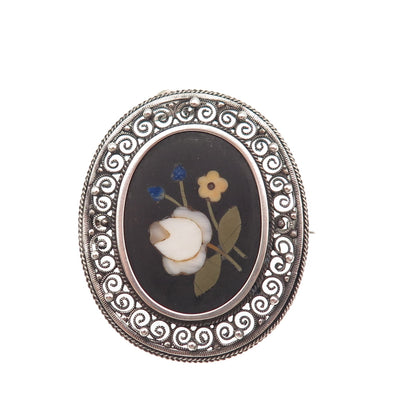800 Silver Antique Art Deco Real Multi-Color Gem & MOP Floral Pin Brooch Pendant