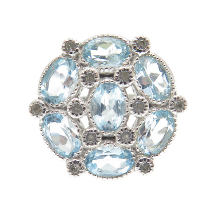 925 Sterling Silver Real White & Blue Sapphire Cluster Ring Size 7