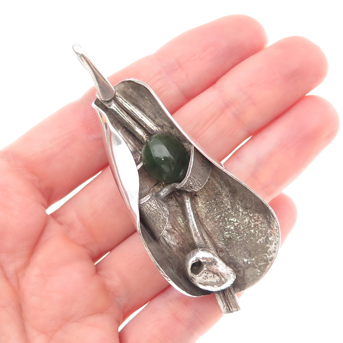 Design Wise 925 Sterling Silver Vintage Real Jade Modernist Oxidized Pendant