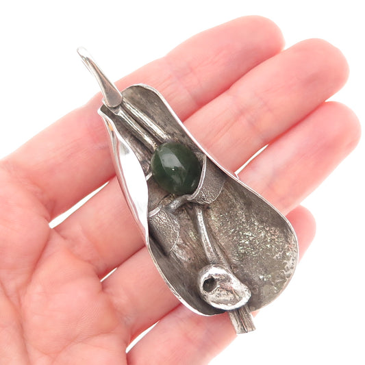 Design Wise 925 Sterling Silver Vintage Real Jade Modernist Oxidized Pendant