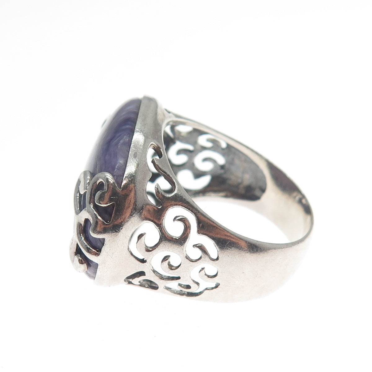 925 Sterling Silver Vintage Real Cabochon Sugilite Gemstone Swirl Ring Size 9.5