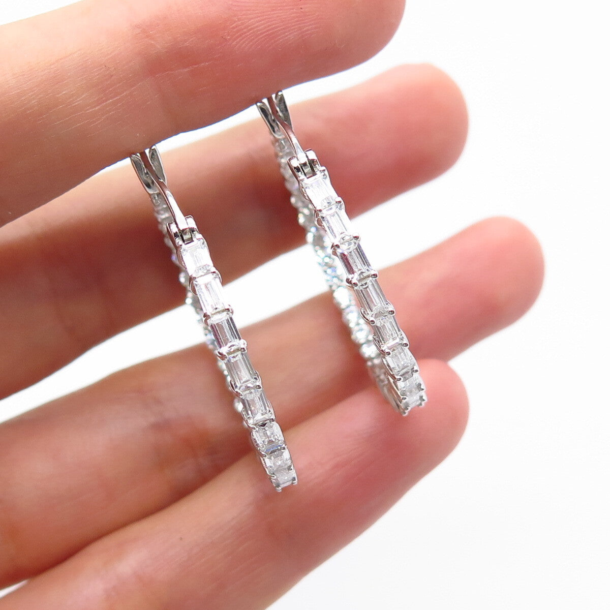 925 Sterling Silver C Z In and Out Round Hoop Earrings