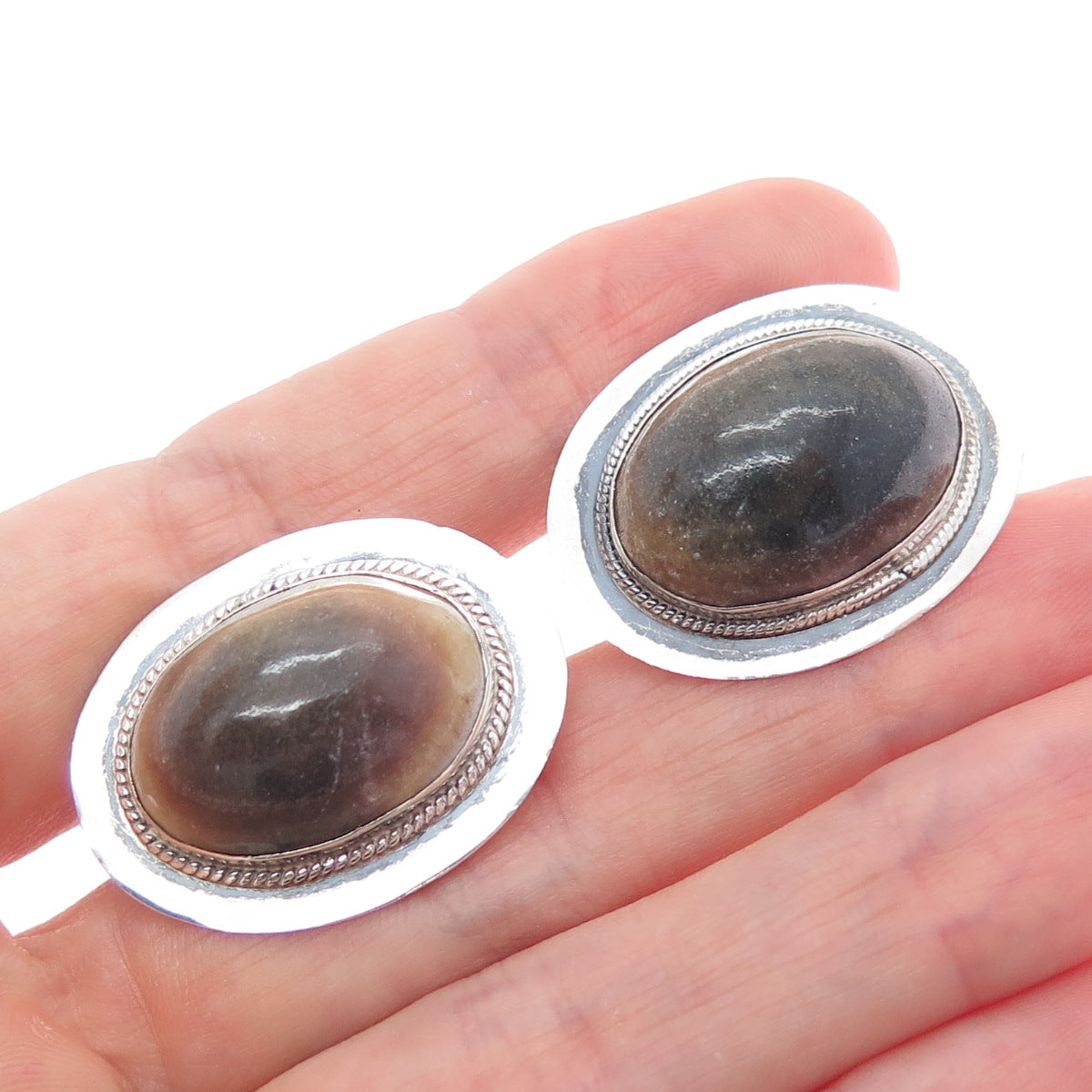 925 Sterling Silver Vintage Mexico Real Jasper Modernist Cufflinks
