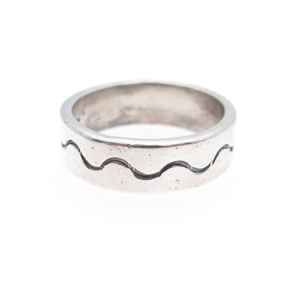925 Sterling Silver Vintage Modernist Wave Band Ring Size 8.25