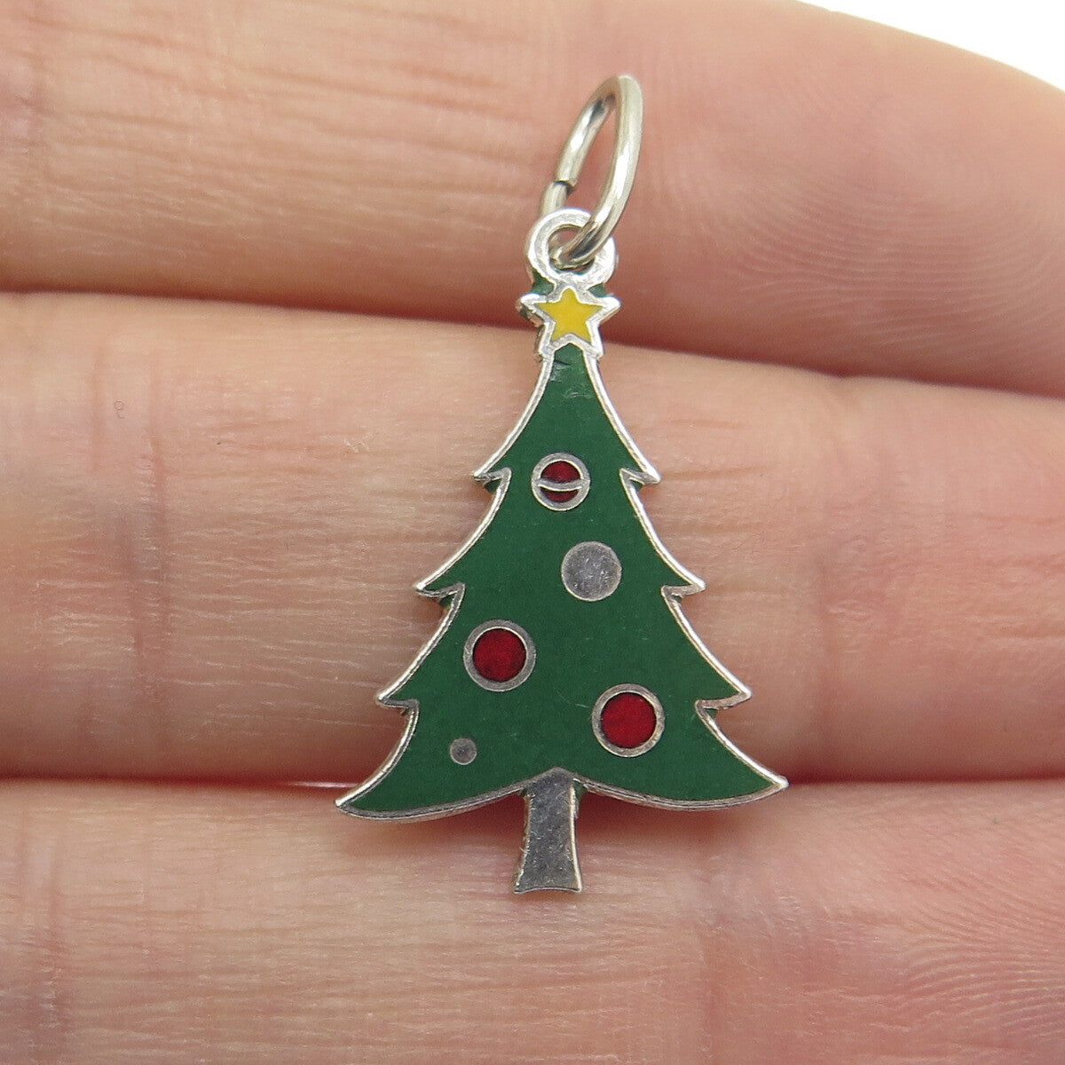 BEAU 925 Sterling Silver Antique Colorful Enamel Christmas Tree Charm Pendant