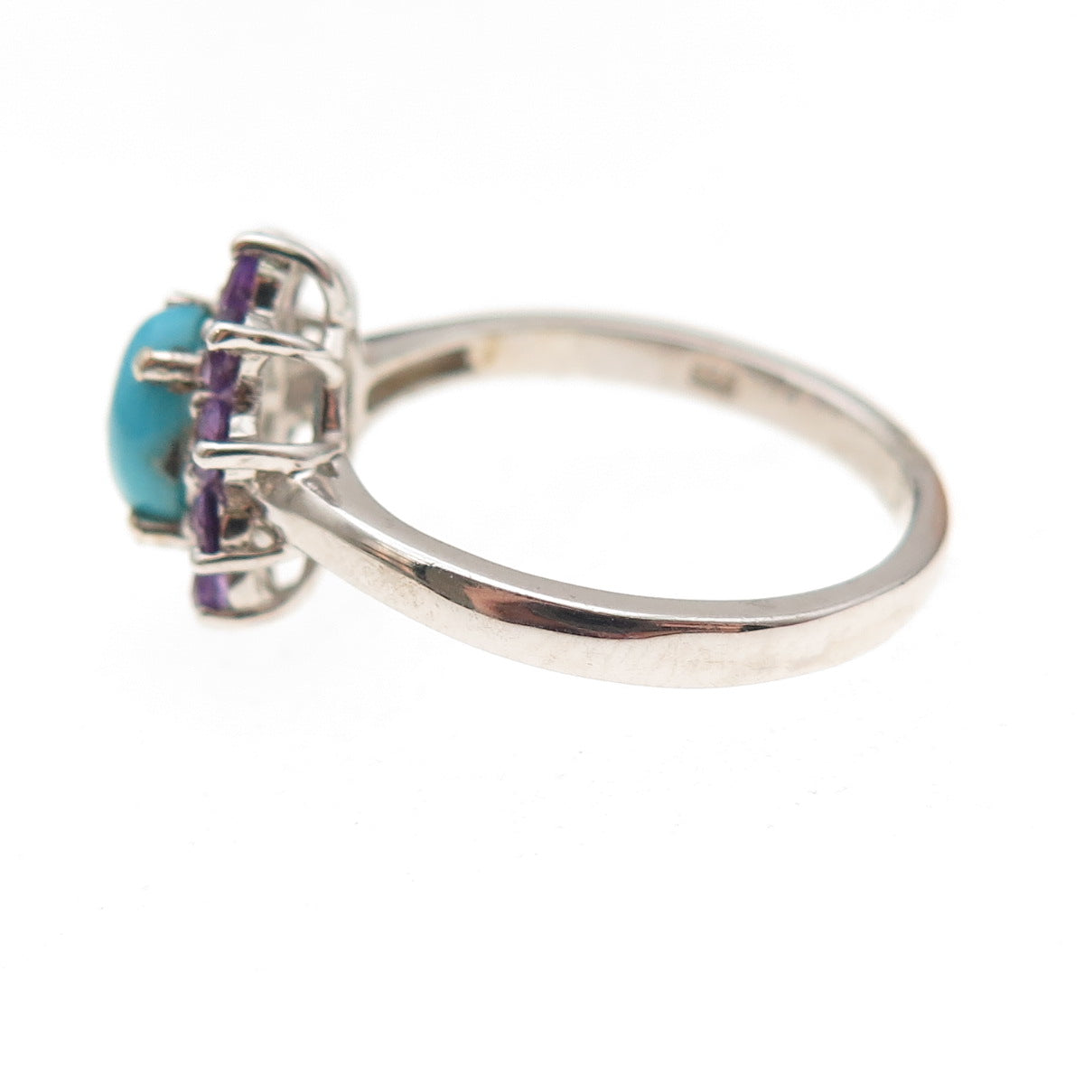 Chuck Clemency 925 Sterling Silver Real Turquoise & Amethyst Floral Ring Size 7