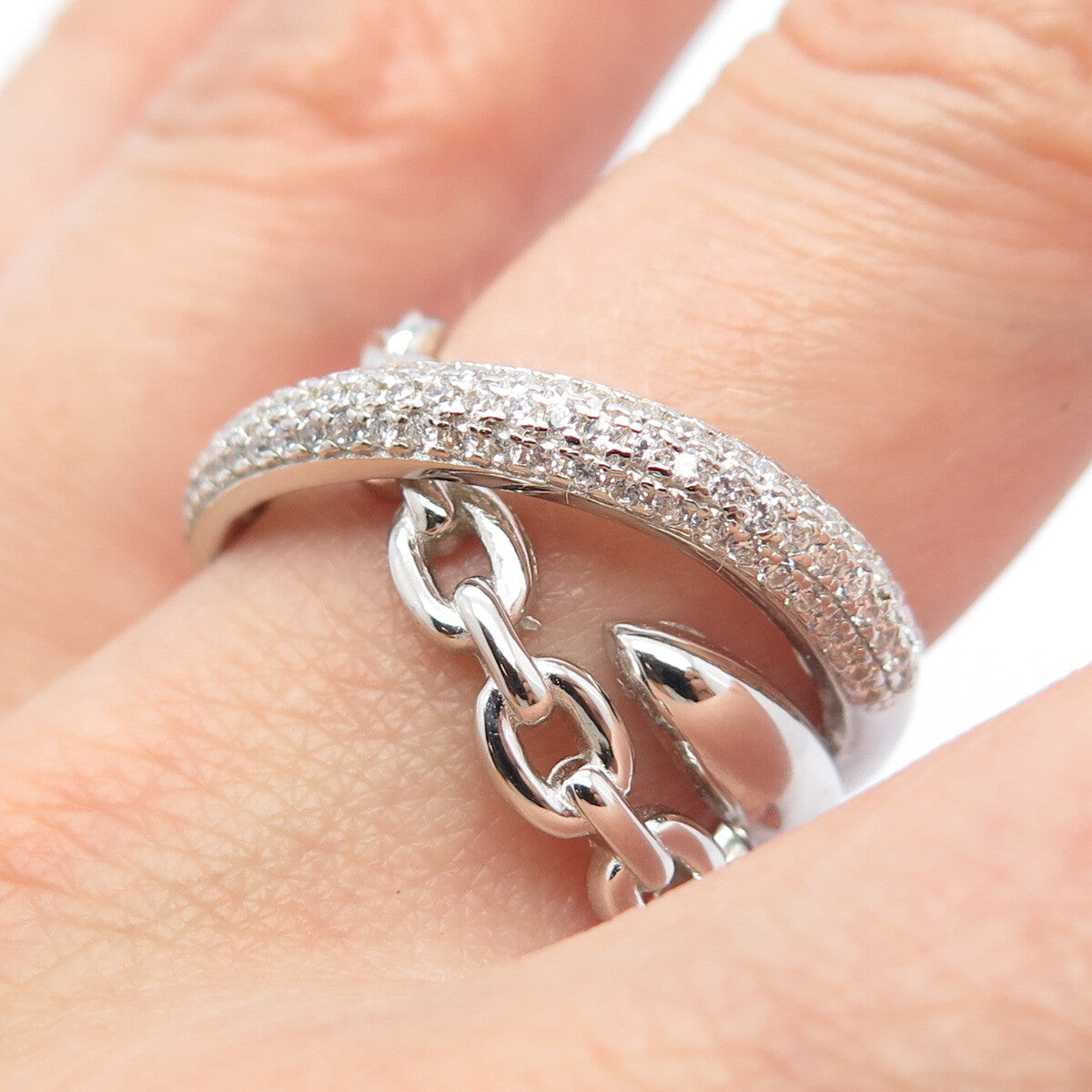 925 Sterling Silver Pave C Z Chain Crossover Ring Size 9