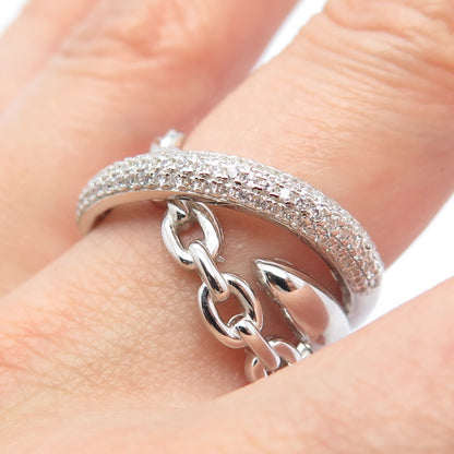 925 Sterling Silver Pave C Z Chain Crossover Ring Size 9