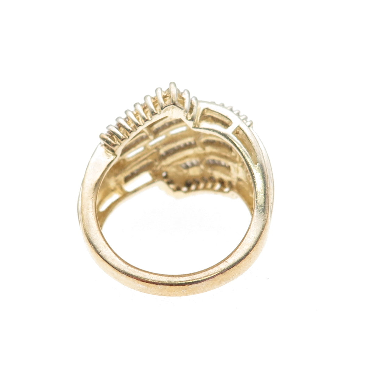 Sun 925 Sterling Silver Gold Plated Real Round & Emerald-Cut Diamond Ring Size 7