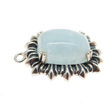 925 Sterling Silver Vintage Real Milky Aquamarine Gem Ribbed Pendant