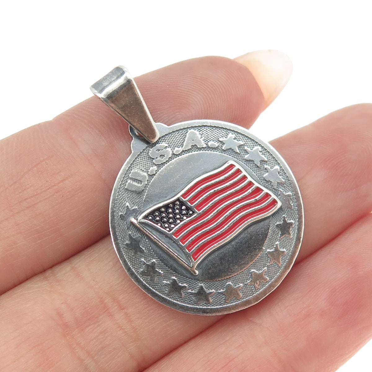 925 Sterling Silver Vintage Enamel USA Flag Oxidized Pendant