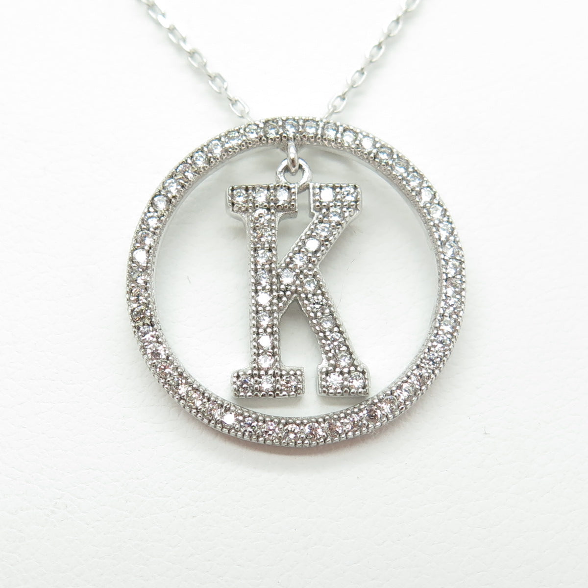 925 Sterling Silver Round-Cut C Z Letter "K" Initial Cable Chain Necklace 16-18"