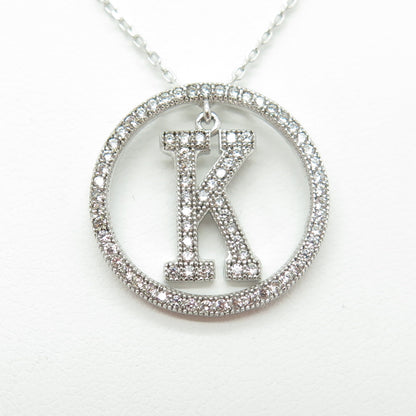 925 Sterling Silver Round-Cut C Z Letter "K" Initial Cable Chain Necklace 16-18"