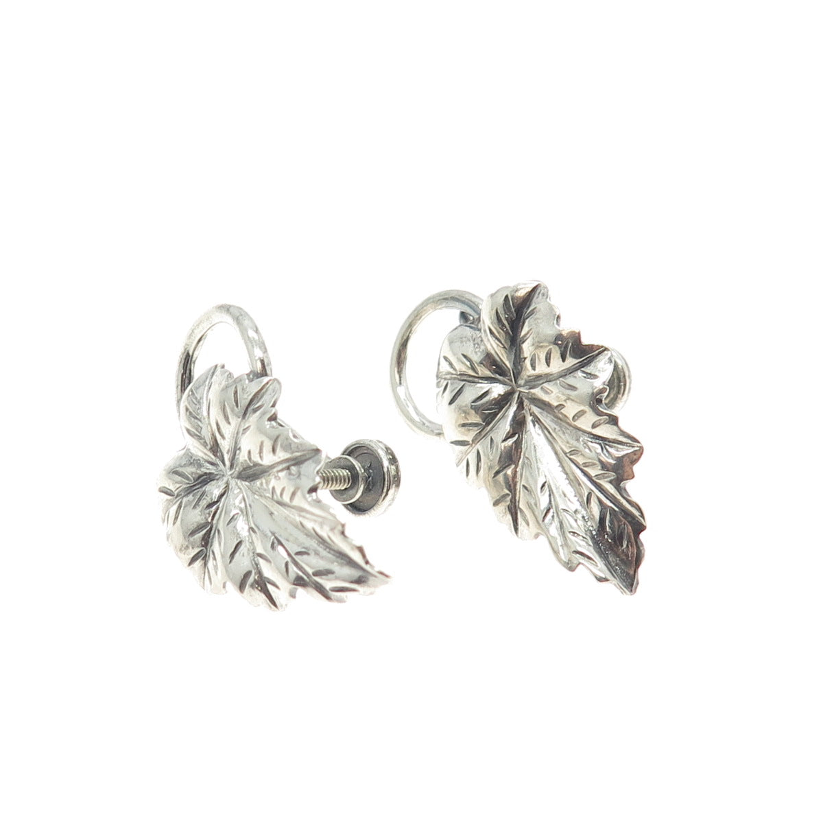 DANECRAFT 925 Sterling Silver Antique Art Deco Leaf Screw Back Earrings