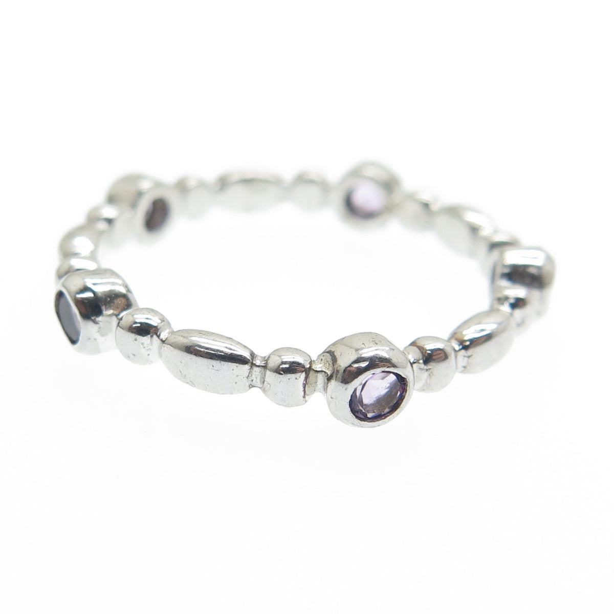 925 Sterling Silver Real Round-Cut Amethyst Gem Beaded Band Ring Size 7
