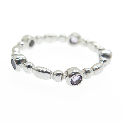 925 Sterling Silver Real Round-Cut Amethyst Gem Beaded Band Ring Size 7