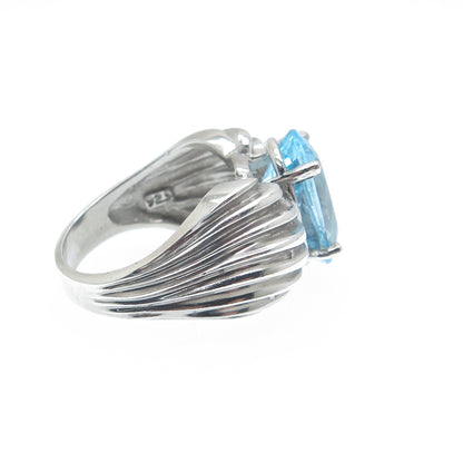 925 Sterling Silver Vintage Real Oval-Cut Blue Topaz Gem Ribbed Ring Size 8.25