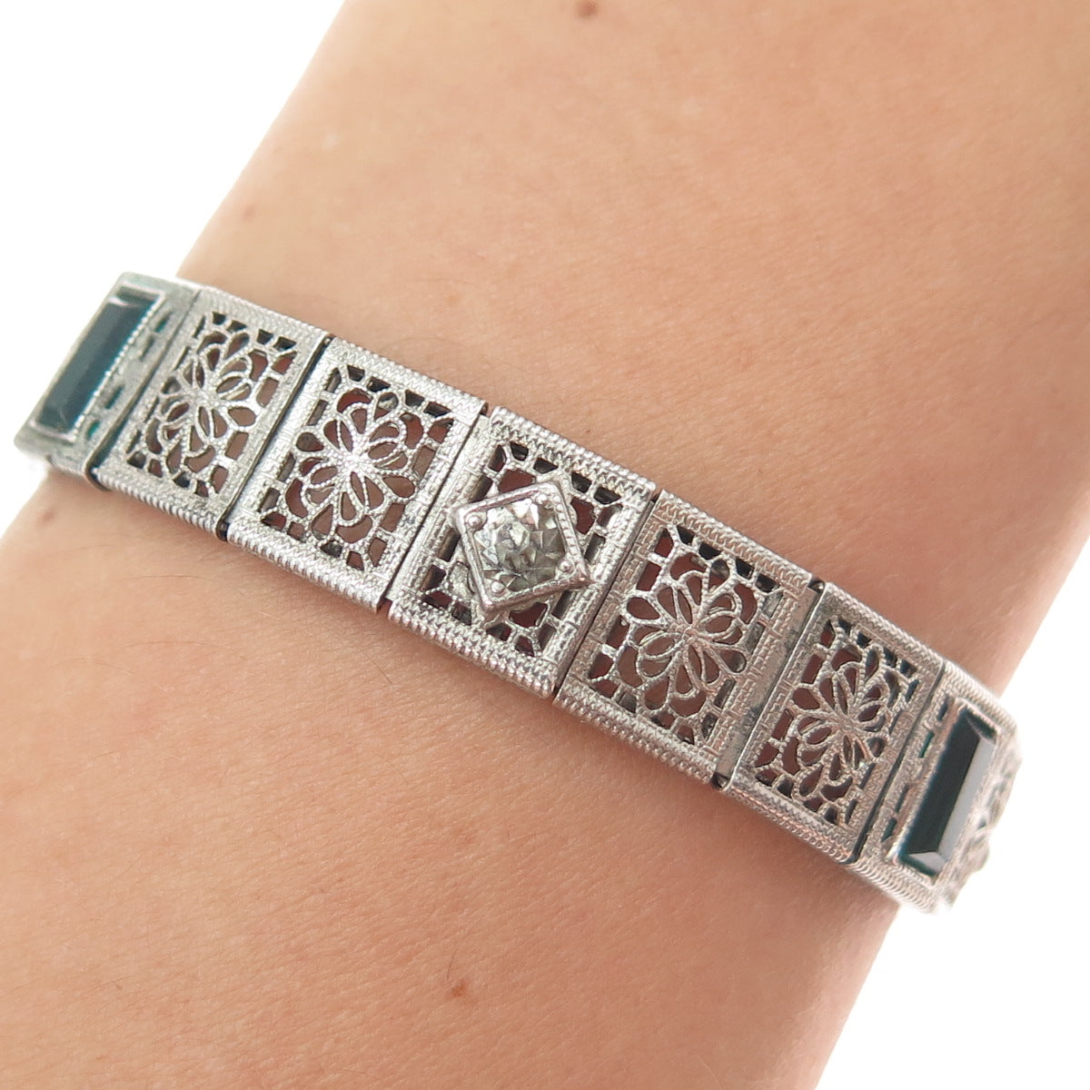 925 Sterling Silver Antique Emerald-Cut Glass & Rhinestone Filigree Bracelet 7"