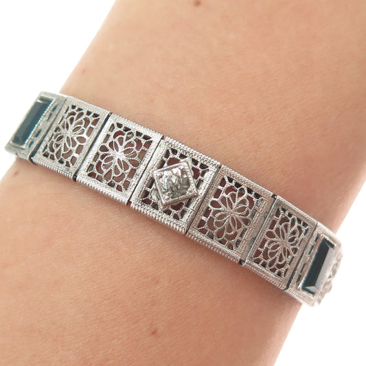 925 Sterling Silver Antique Emerald-Cut Glass & Rhinestone Filigree Bracelet 7"