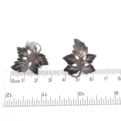 925 Sterling Silver Antique Art Deco Grape Leaf Oxidized Screw Back Earrings