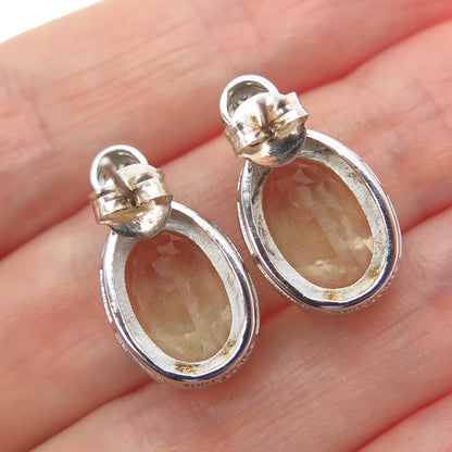 925 Sterling Silver Real Diamond & Oval-Cut Yellow Topaz Earrings