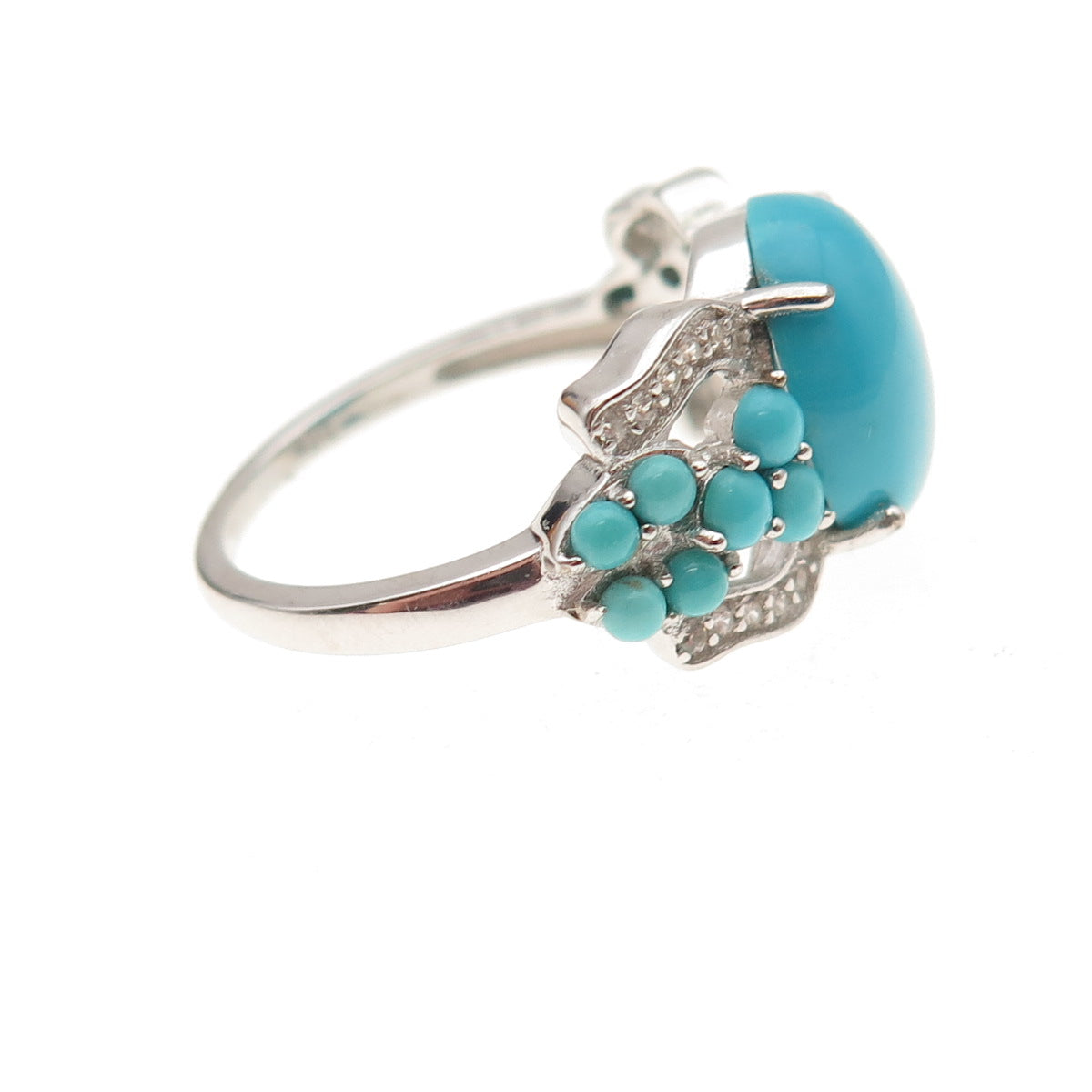 925 Sterling Silver Real Sleeping Beauty Turquoise & White Topaz Ring Size 8