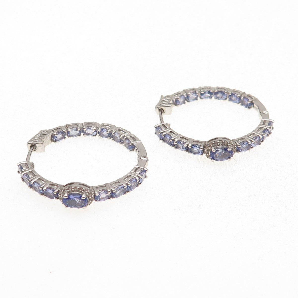 D'Joy 925 Sterling Silver Real Tanzanite White Topaz In & Out Hoop Earrings
