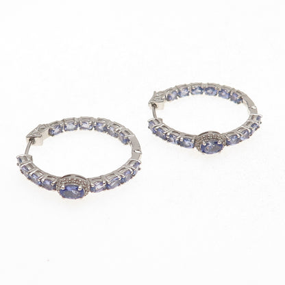 D'Joy 925 Sterling Silver Real Tanzanite White Topaz In & Out Hoop Earrings