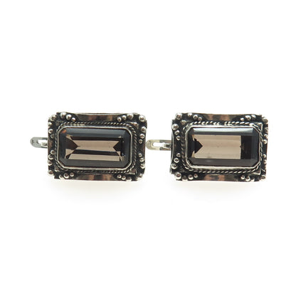 925 Sterling Silver Vintage Real Smoky Quartz Granulated Oxidized Earrings