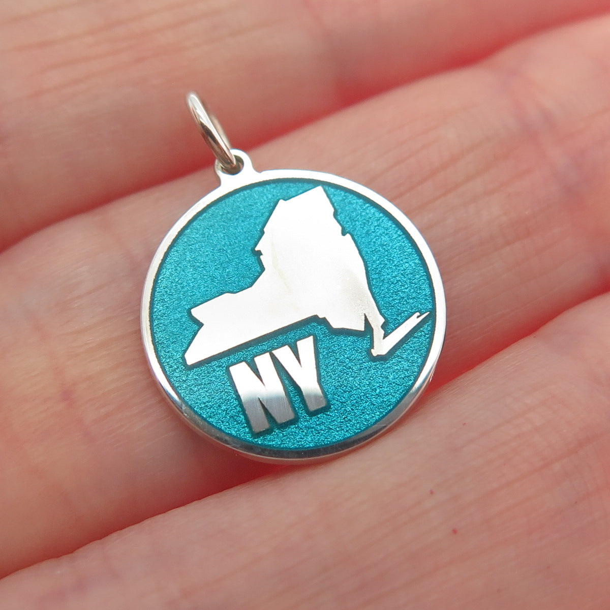 925 Sterling Silver Turquoise Enamel New York State Map Minimalist Charm Pendant