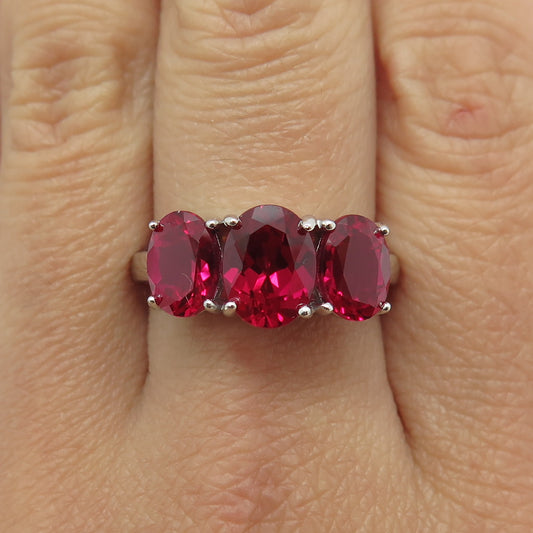 925 Sterling Silver Lab-Created Ruby 3-Stone Ring Size 9