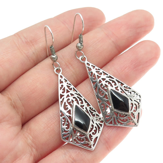 925 Sterling Silver Vintage Real Black Onyx Ornate Dangle Earrings