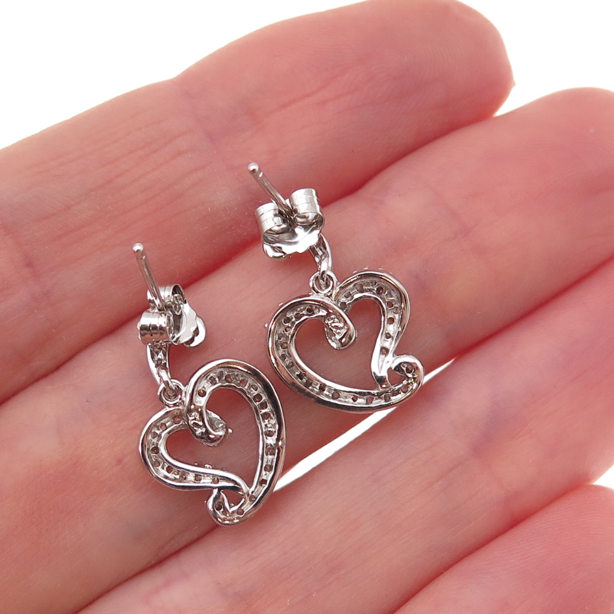 925 Sterling Silver Round-Cut C Z Heart Dangle Earrings