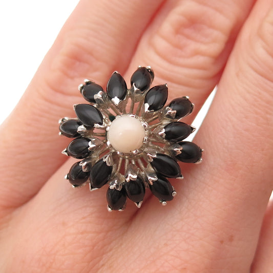 925 Sterling Silver Vintage Mexico Real Angel Skin Coral Black Onyx Ring Size 6