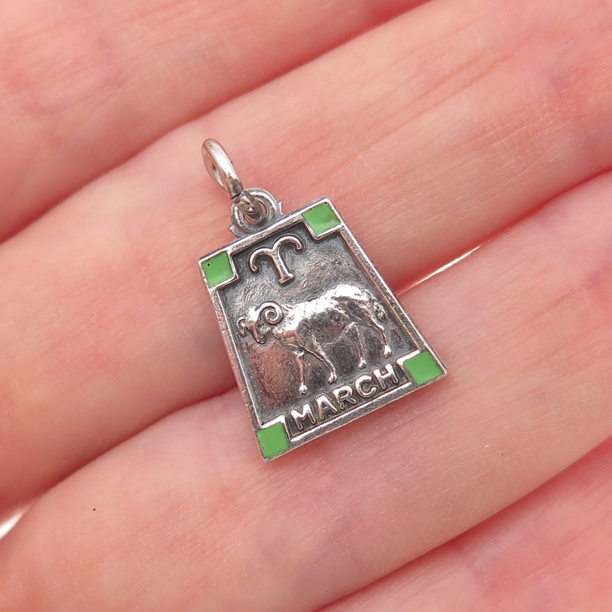 925 Sterling Silver Vintage Enamel Aries Zodiac Sign Oxidized Charm Pendant