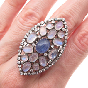 DSMK Sterling Silver Black Rhodium Real Tanzanite Moonstone & Topaz Ring Size 7