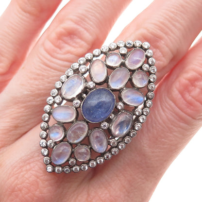 DSMK Sterling Silver Black Rhodium Real Tanzanite Moonstone & Topaz Ring Size 7