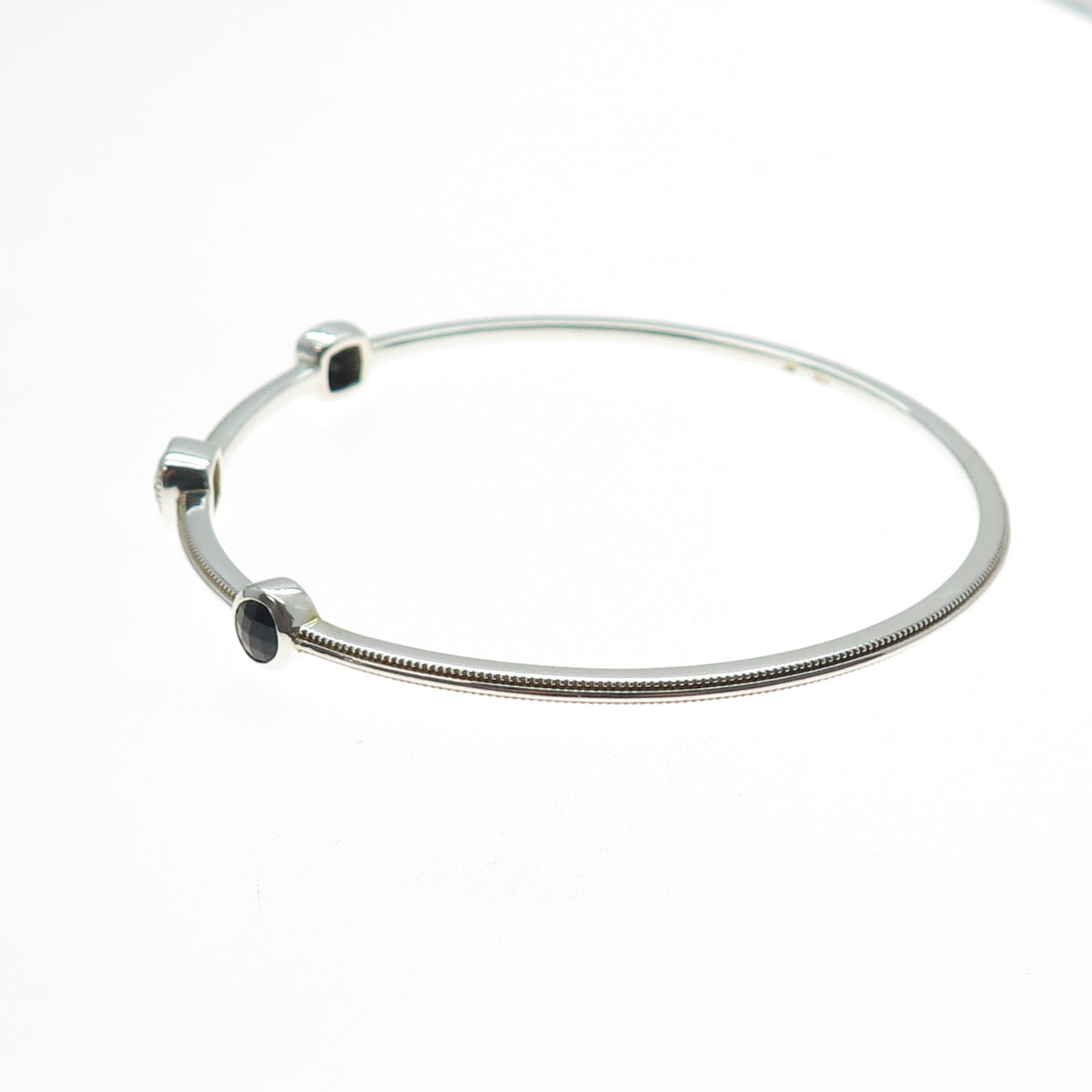 Sun Jewels 925 Sterling Silver Real Diamond & Black Spinel Bangle Bracelet 7.5"