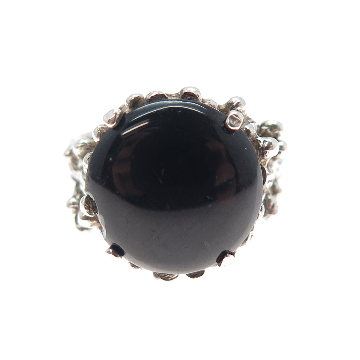 925 Sterling Silver Vintage Real Black Onyx Modernist Oxidized Ring Size 7.25