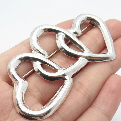 925 Sterling Silver Vintage Mexico Triple Heart Pin Brooch
